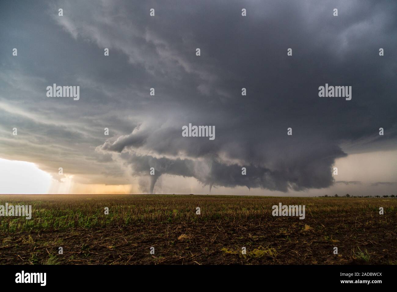 Tornadoes produced by a supercell thunderstorm. Three different
