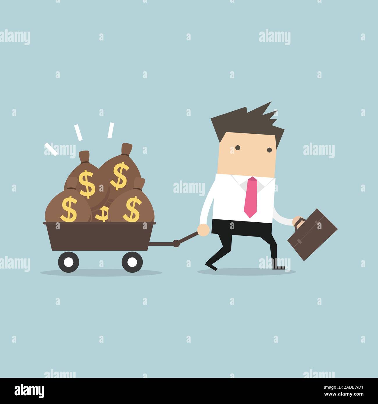 Businessman walking with a trolley full of money bags Stock Vector
