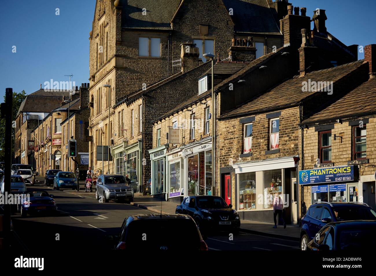 Glossop market town, the High Peak, Derbyshire, England. stone shops