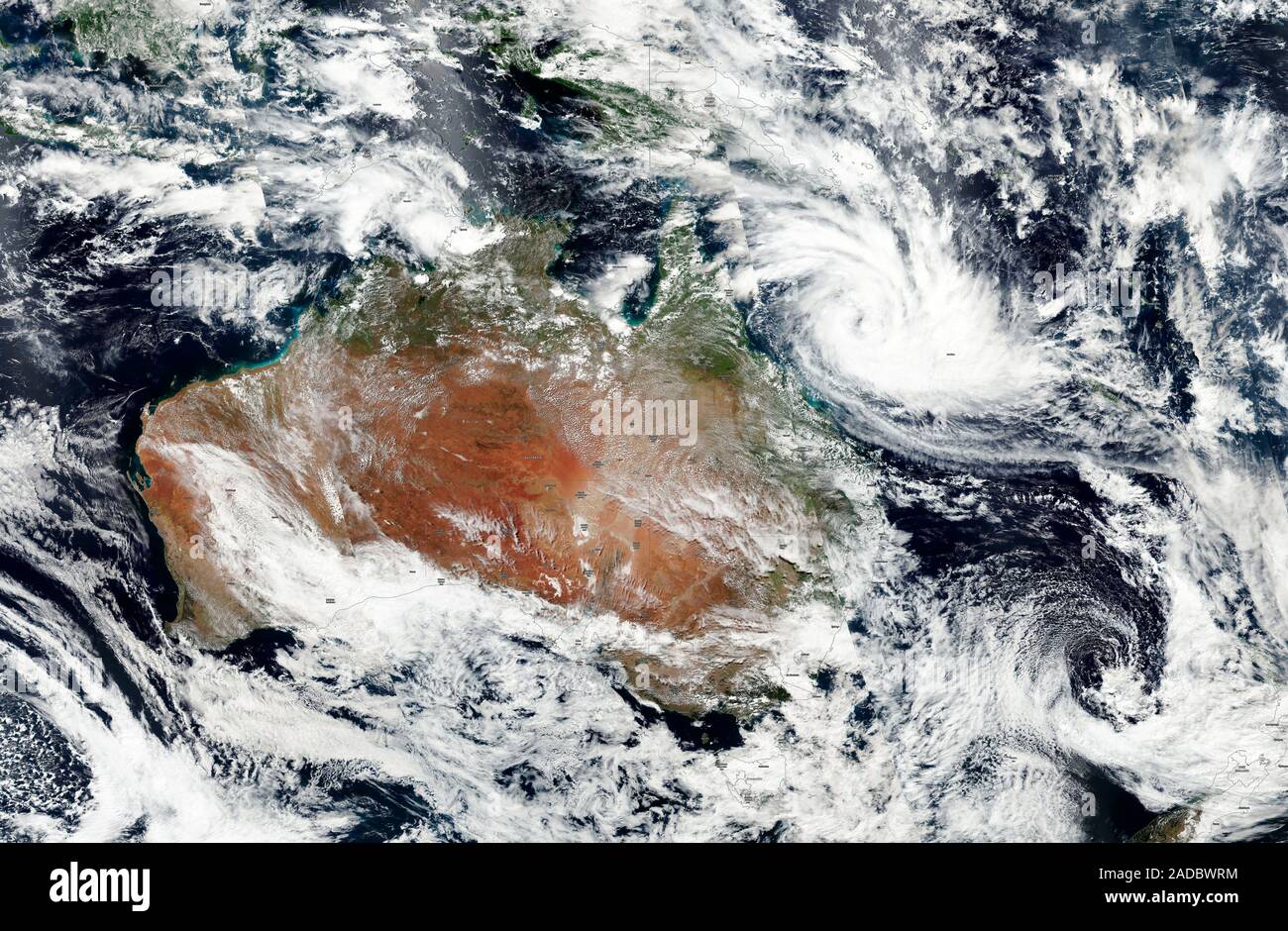 Satellite image of tropical cyclone Debbie over the Coral Sea off the