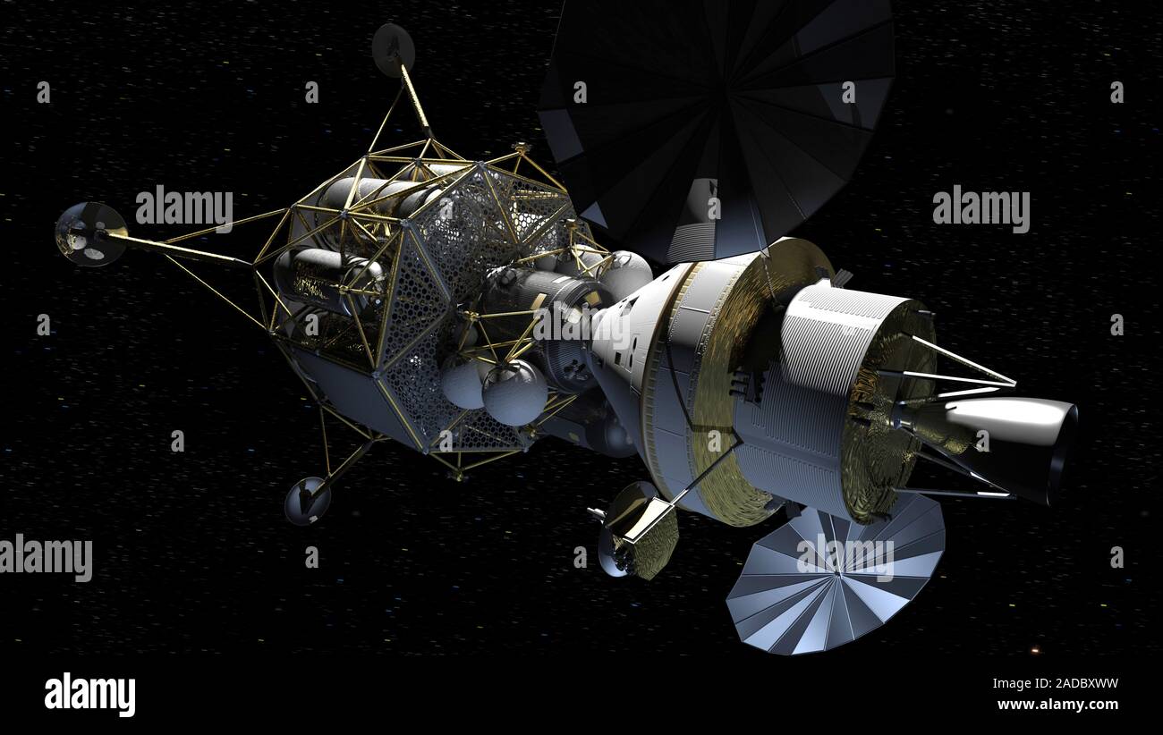 Altair and Orion spacecraft in space. Illustration of a planned mission to the Moon, with the Altair lunar lander (left) joined to the Orion spacecraf Stock Photo
