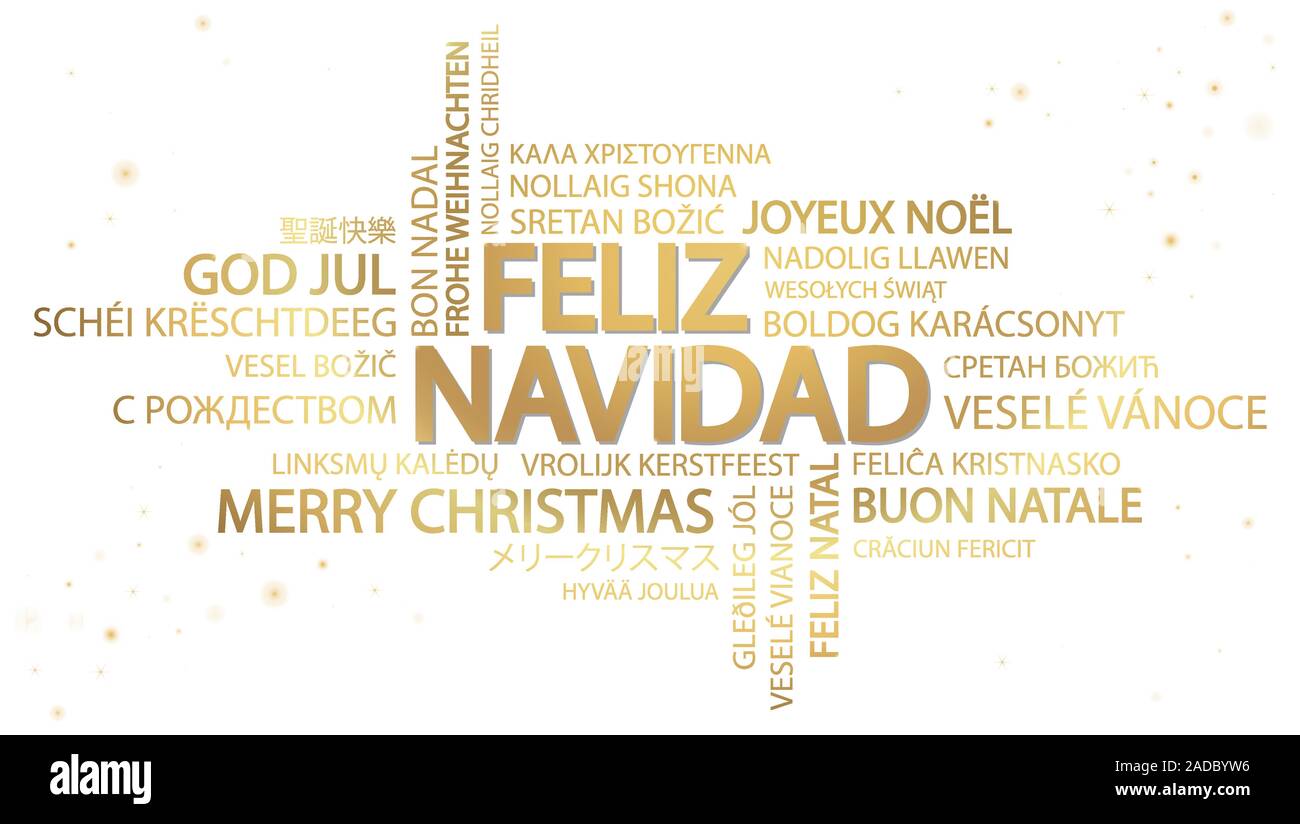 Word cloud with text Merry Christmas in different languages, in the middle one oversized and bold written in Spanish Stock Vector