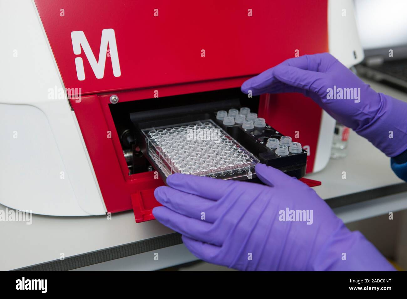 Flow cytometer analysis. Researcher loading cell culture samples into a