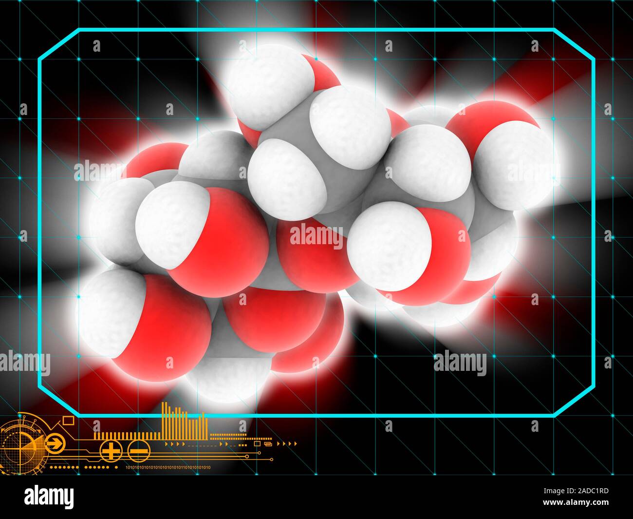 Sucrose. Molecular model of the organic compound sucrose (C12.H22.O11