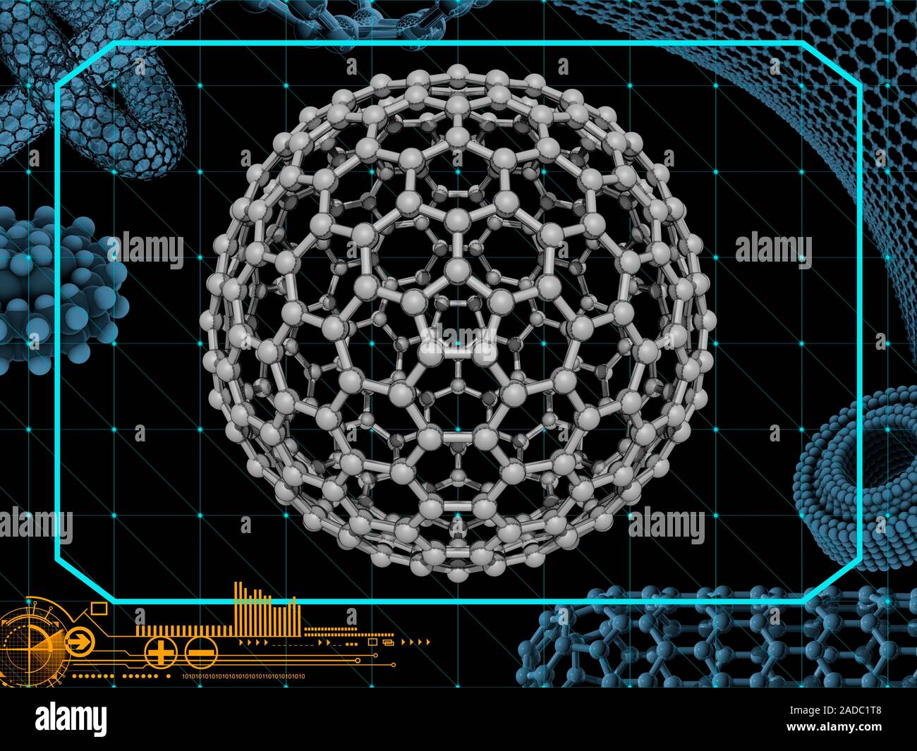 Computer illustration of a buckyball molecule, chemical formula C320