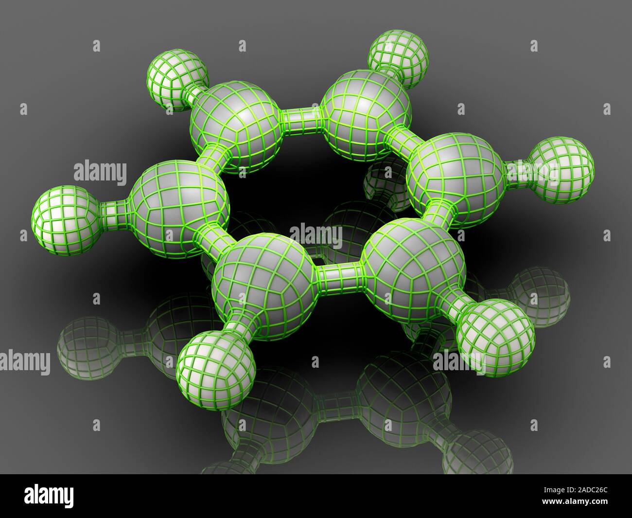 Benzene. Molecular model of the aromatic hydrocarbon benzene (C6.H6), shown as a 3D balland