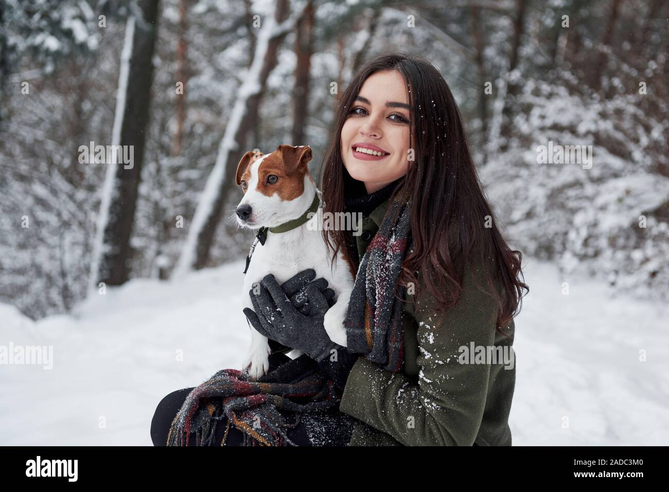 Pet is have more important things than posing for photoshoot. Smiling brunette having fun while walking with her dog in the winter park Stock Photo