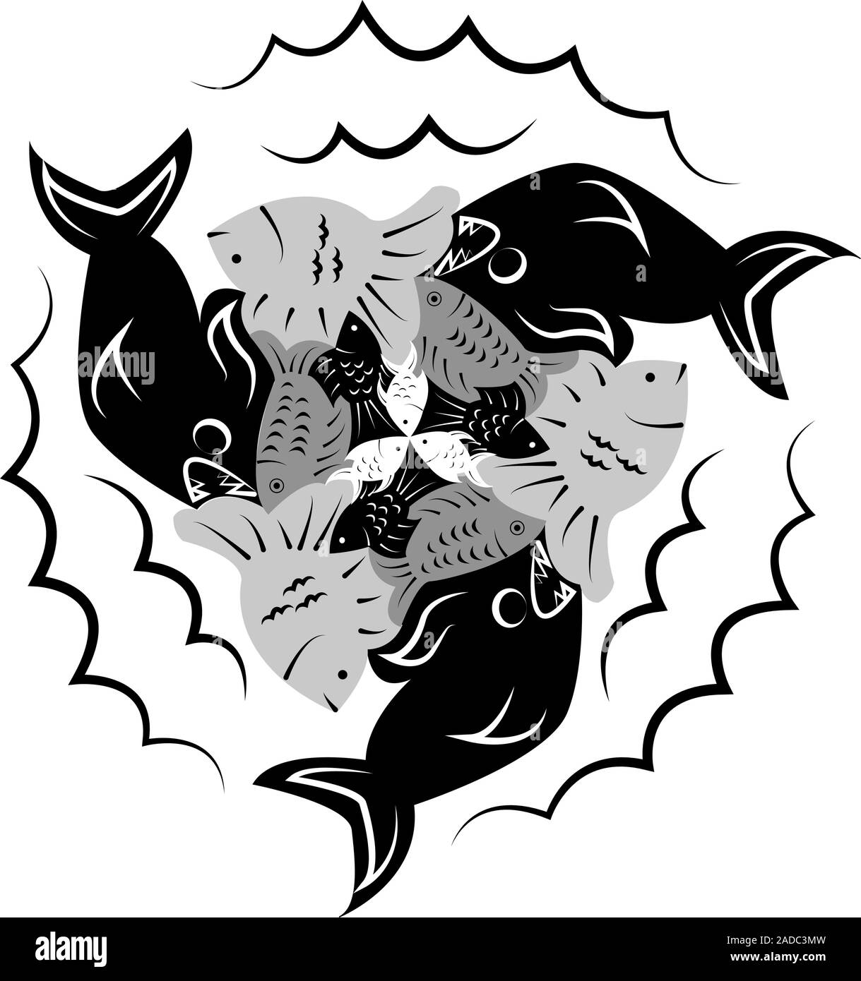 Simetrical Fish Puzzles of fish. Escher style. Symmetrical round pattern. Inhabitants ...
