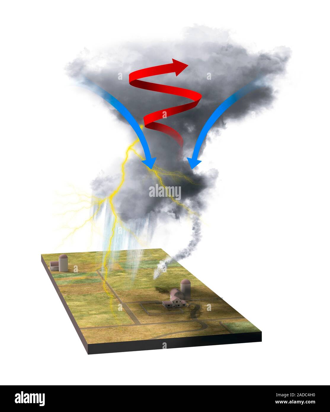 Tornado dynamics. Illustration of the flows of air that form a tornado ...