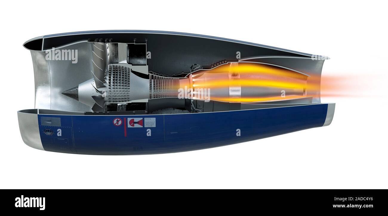 Jet engine. Cutaway artwork of a type of aircraft jet engine known as a ...
