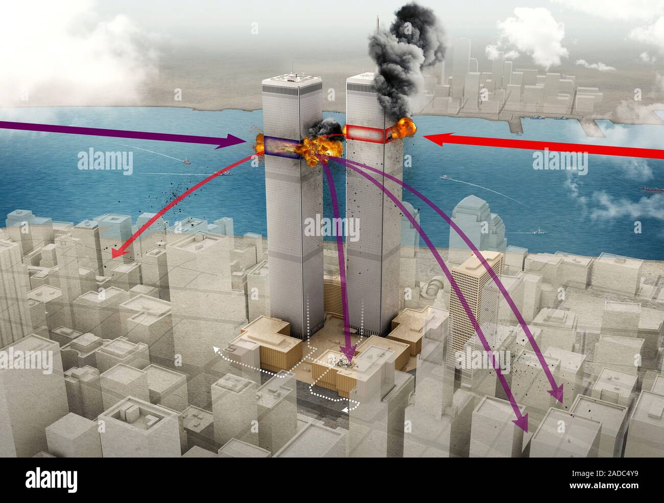 September 11 Twin Towers attacks. Illustration showing the impact zones on the South Tower (left