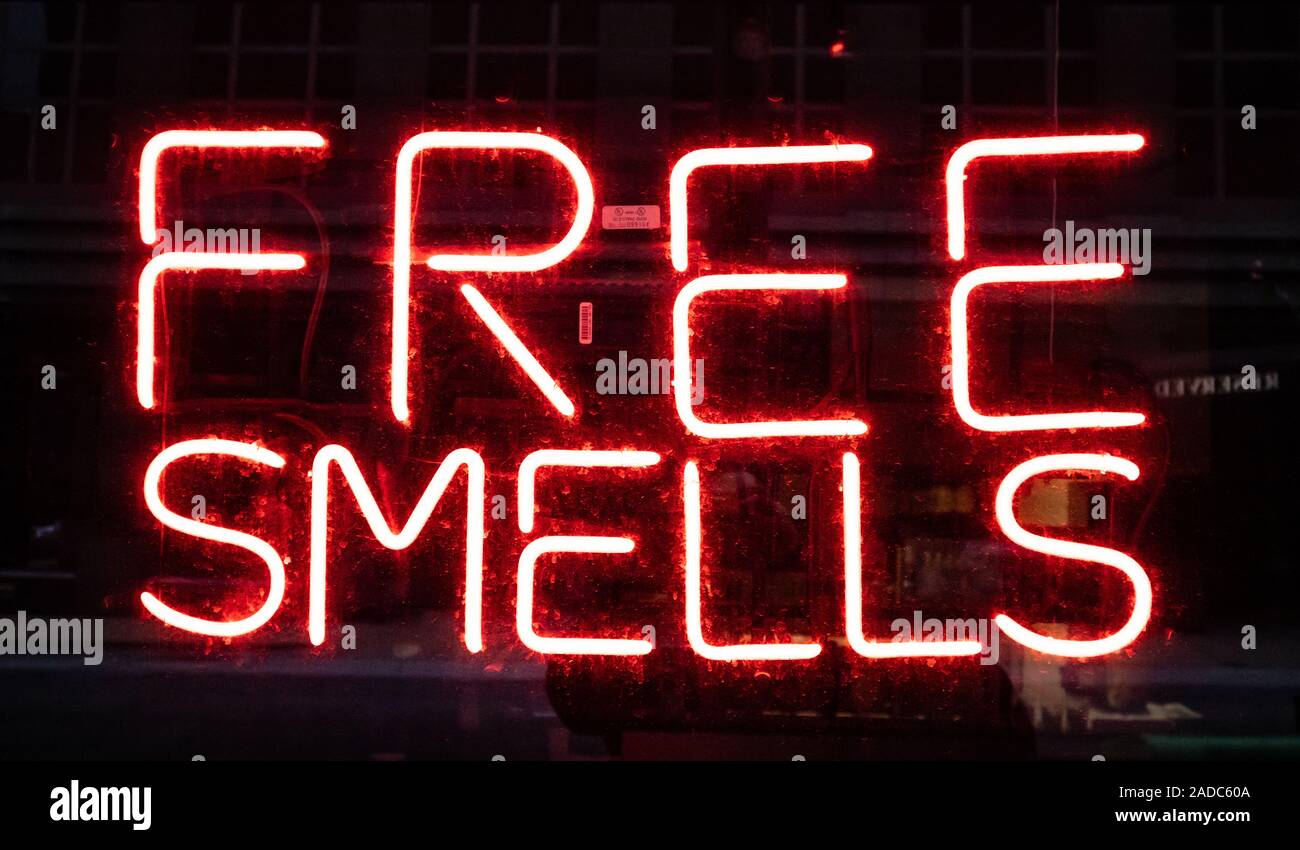 St Louis, USA. May 12, 2019. Free Smells Neon Sign. Electric red ...
