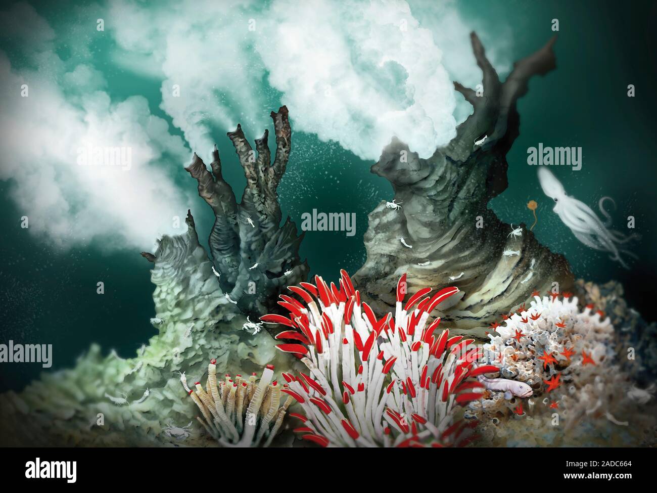 Black smoker hydrothermal vent, illustration. Black smokers are seabed