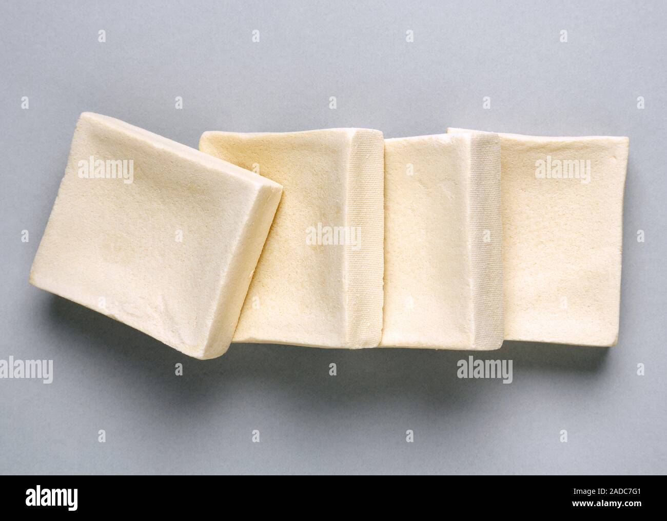 Blocks of tofu. Tofu is a curd made from soya beans (Glycine max). Soya