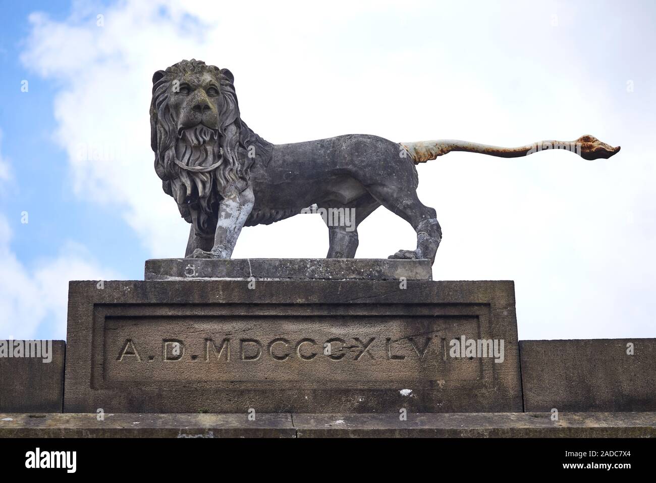 Glossop market town, the High Peak, Derbyshire, England. Lan stature on the railways station Stock Photo