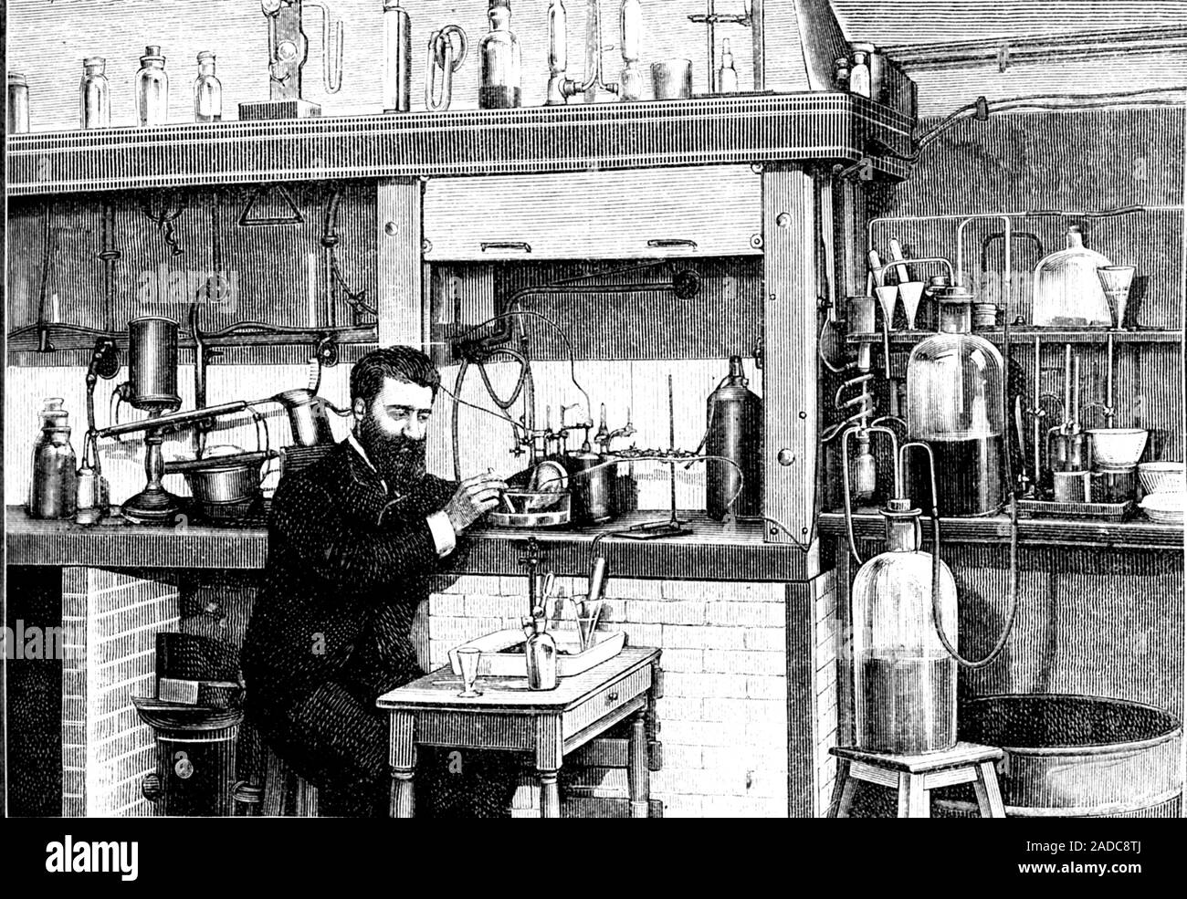 Fluorine preparation. 1884 illustration of a chemist preparing fluorine ...