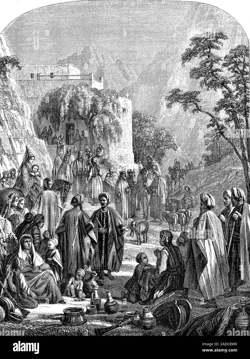 19th Century Lebanese Maronite Christians. 1861 illustration of a group of Maronites at the Convent of Mar Antoun, Lebanon. Maronites are a Christian Stock Photo