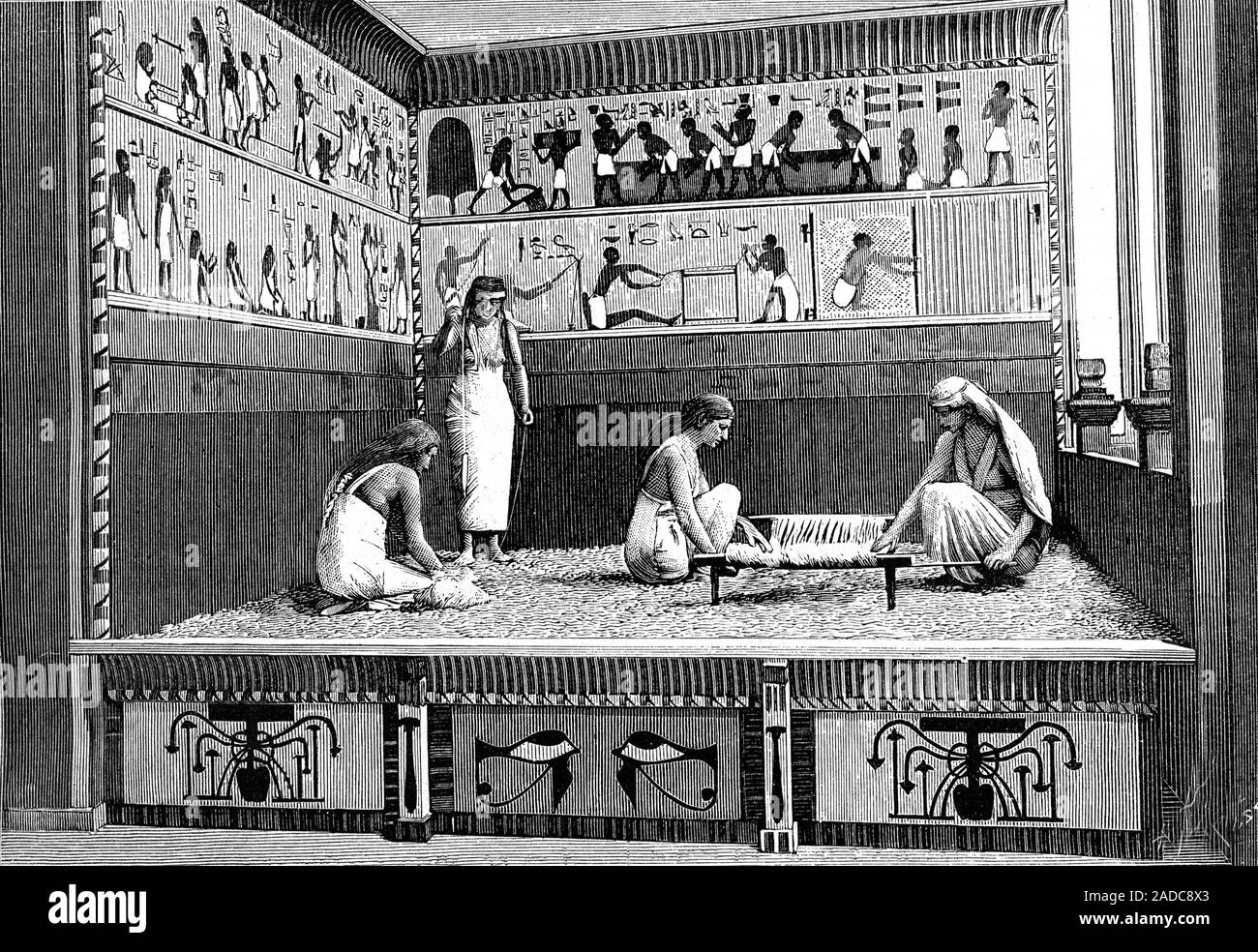 Ancient Egyptian textile workers. 1889 illustration of women using a