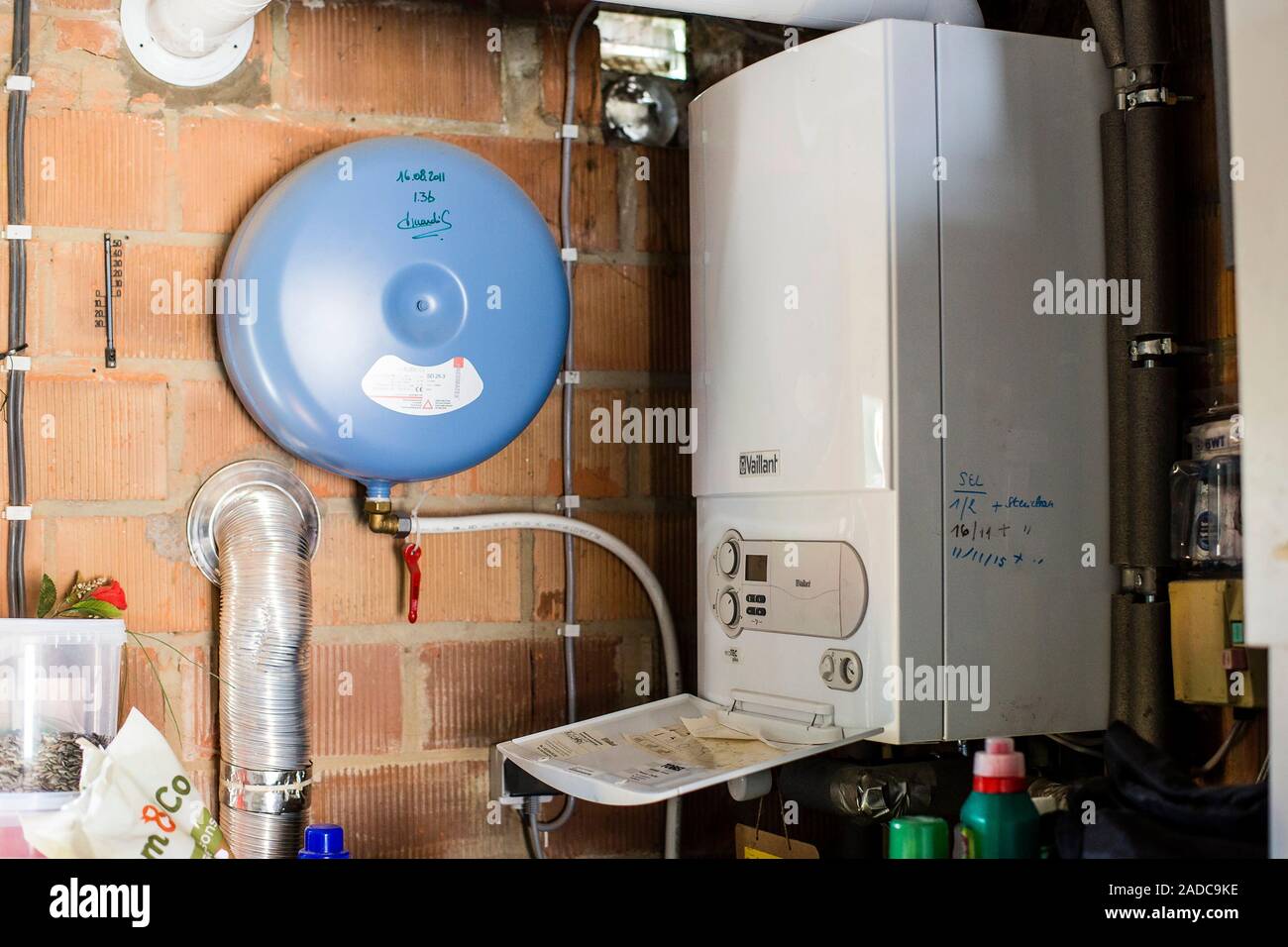 Pressure expansion vessel (blue) and central heating boiler (right