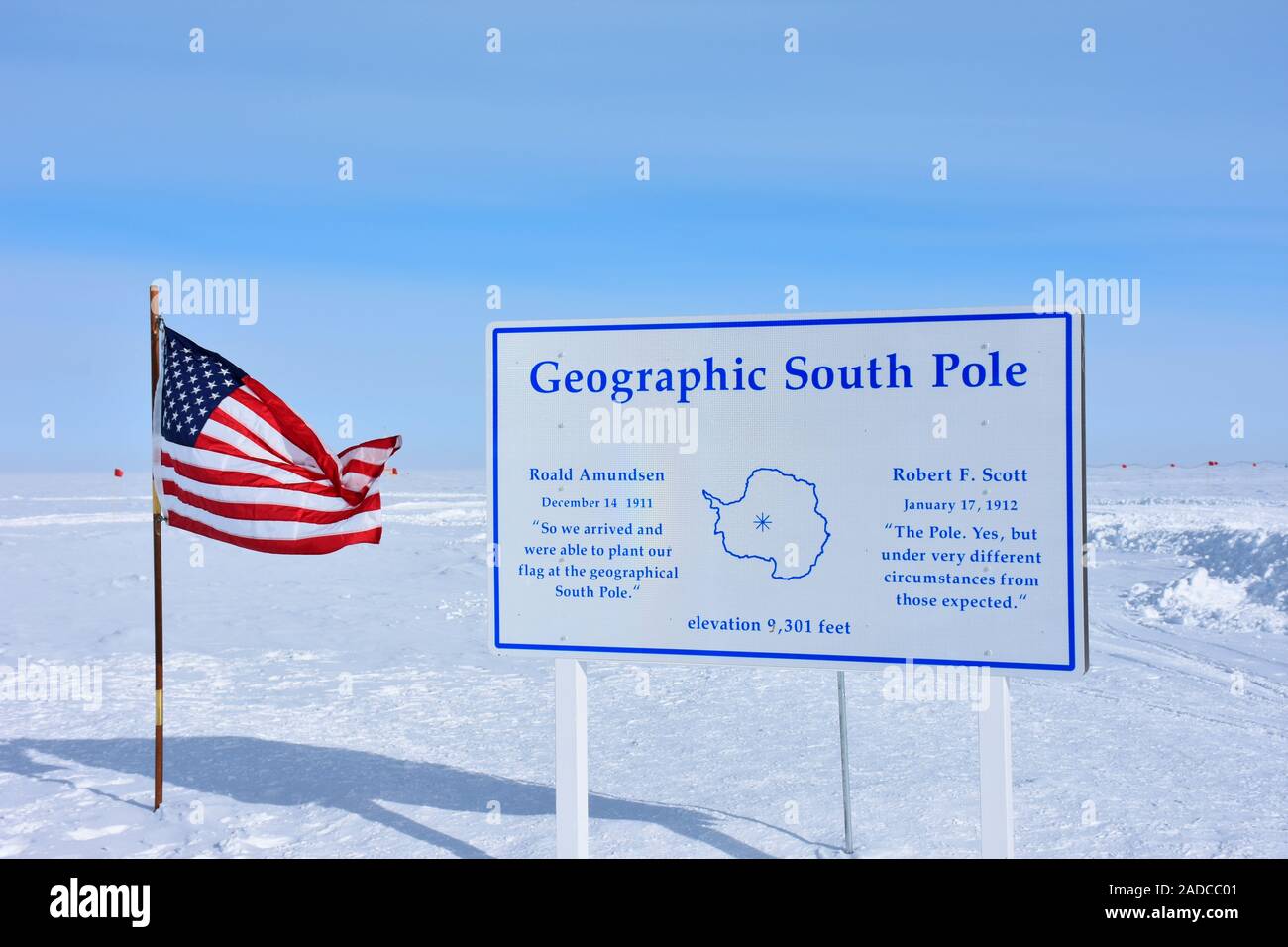 South Pole. US flag marking the current position of the geographic