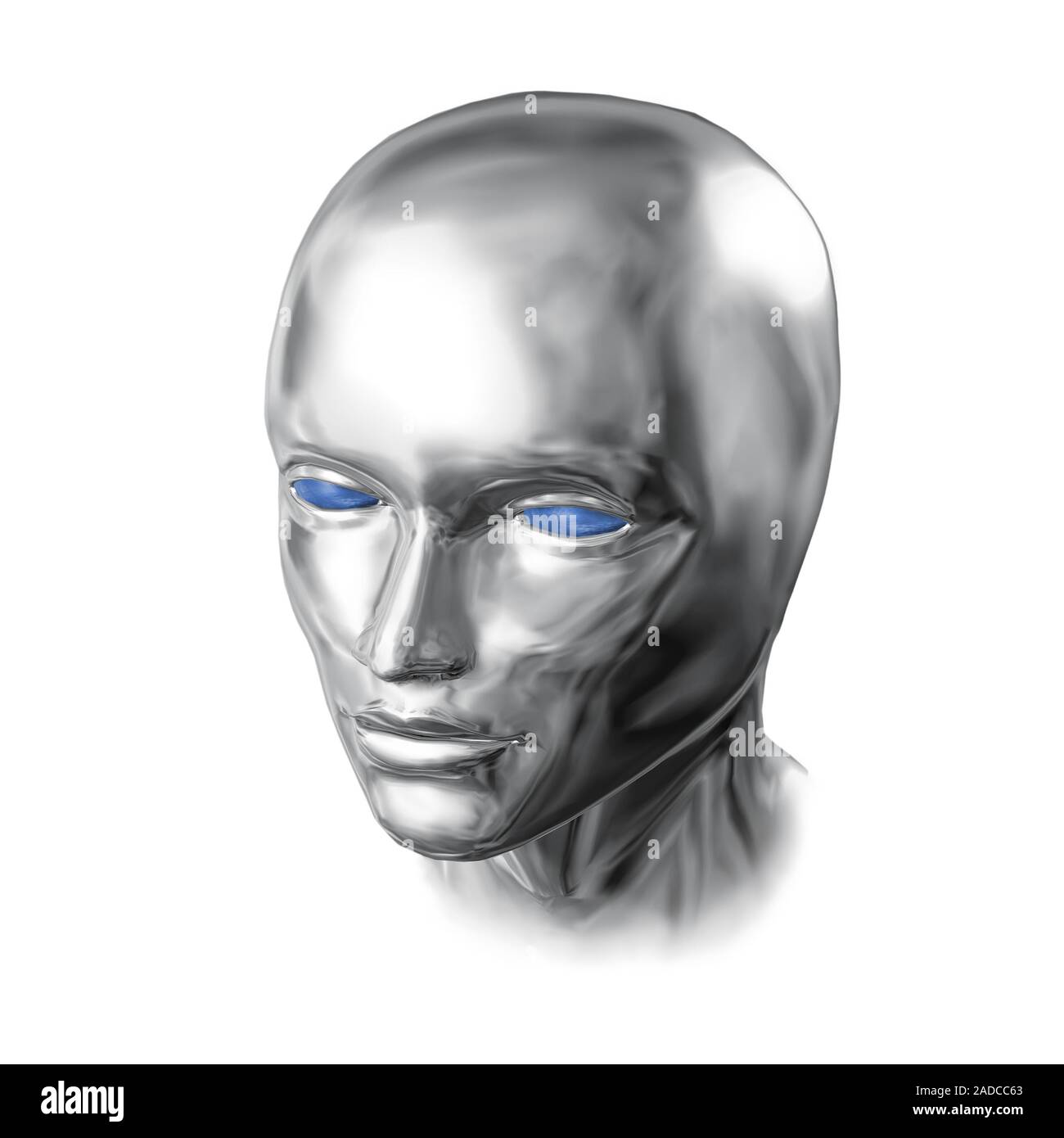 Silver liquid face of robo woman isolated Stock Photo