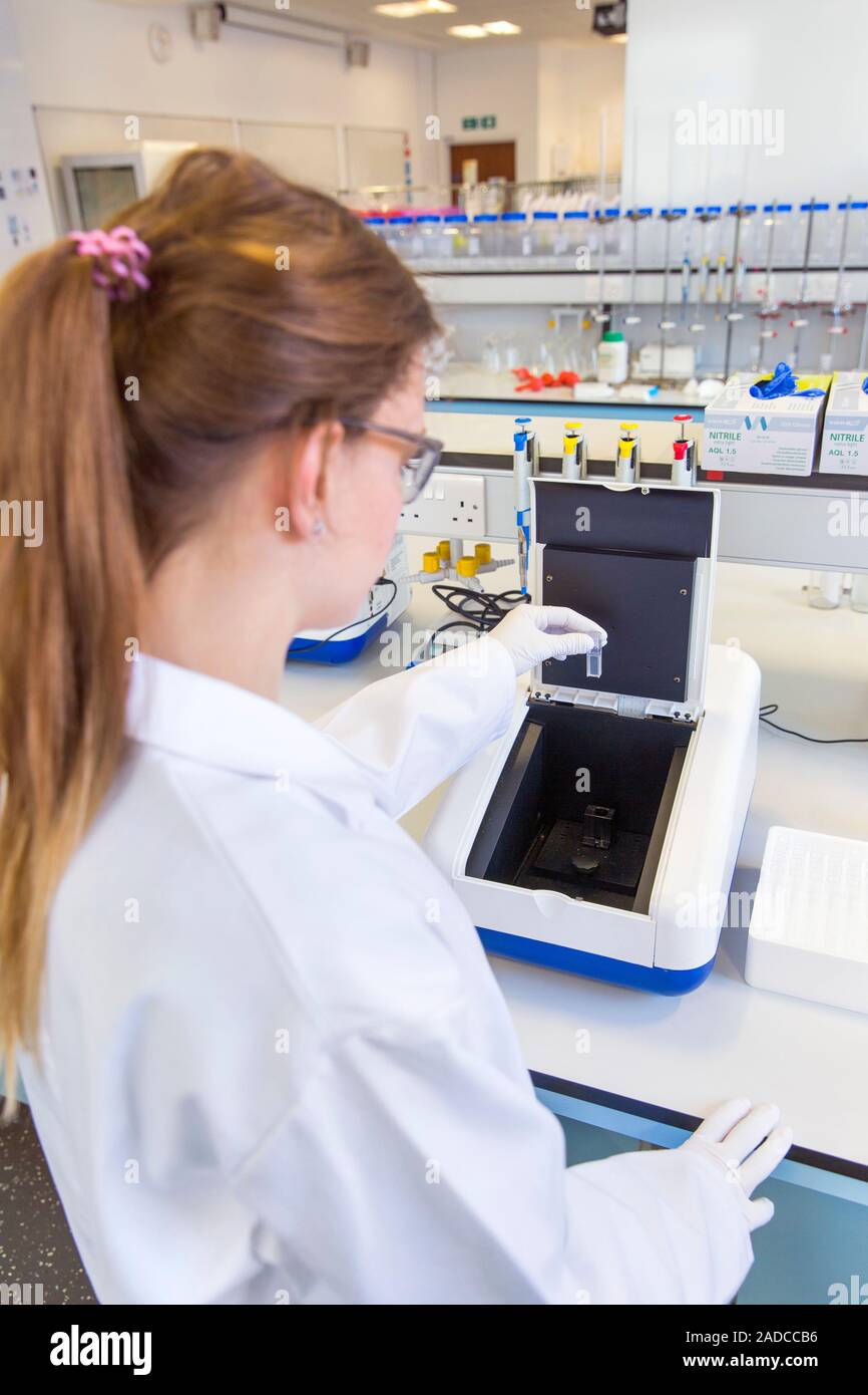 Chemistry student loading cuvette sample into UV spectrometer for ...