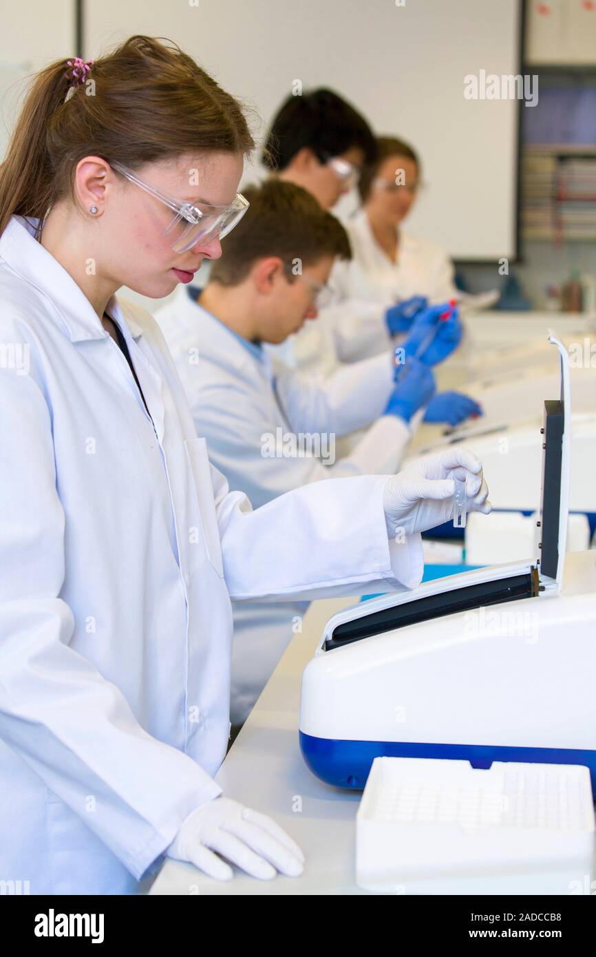 Chemistry student loading cuvette sample into UV spectrometer for ...