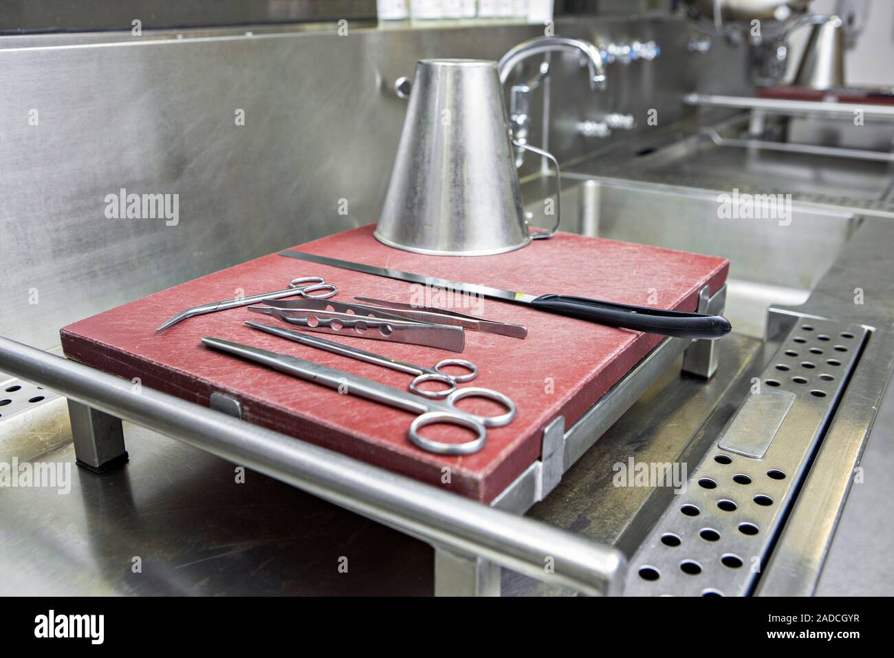 Autopsy room. Closeup of autopsy equipment ready for use in a mortuary