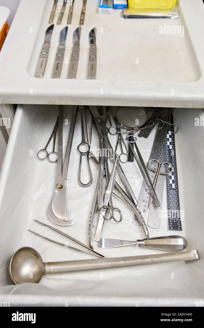 Autopsy room. Closeup of autopsy equipment ready for use in a mortuary
