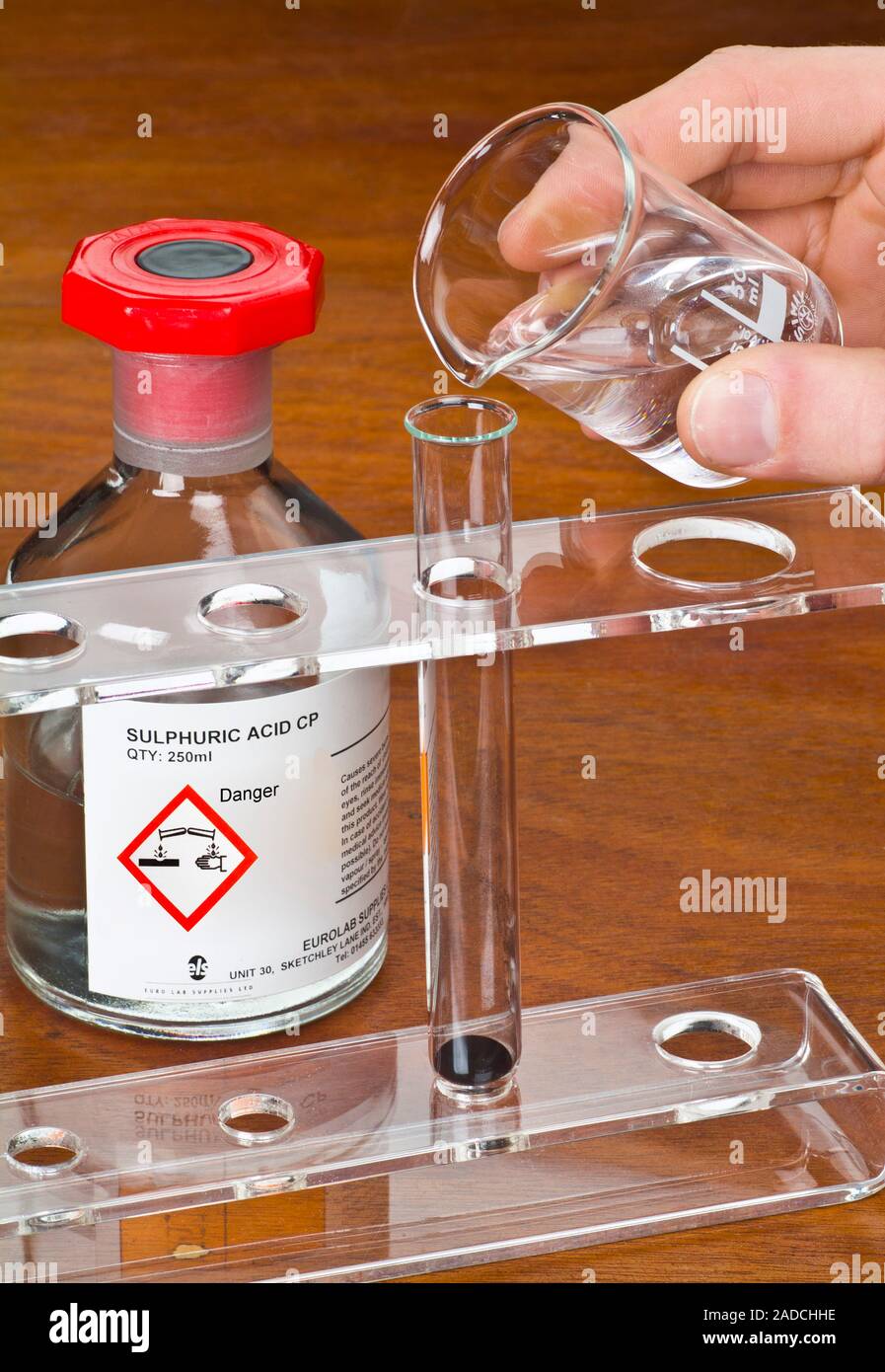 Beaker being used to add sulphuric acid to copper (II) oxide (black) at the bottom of a test