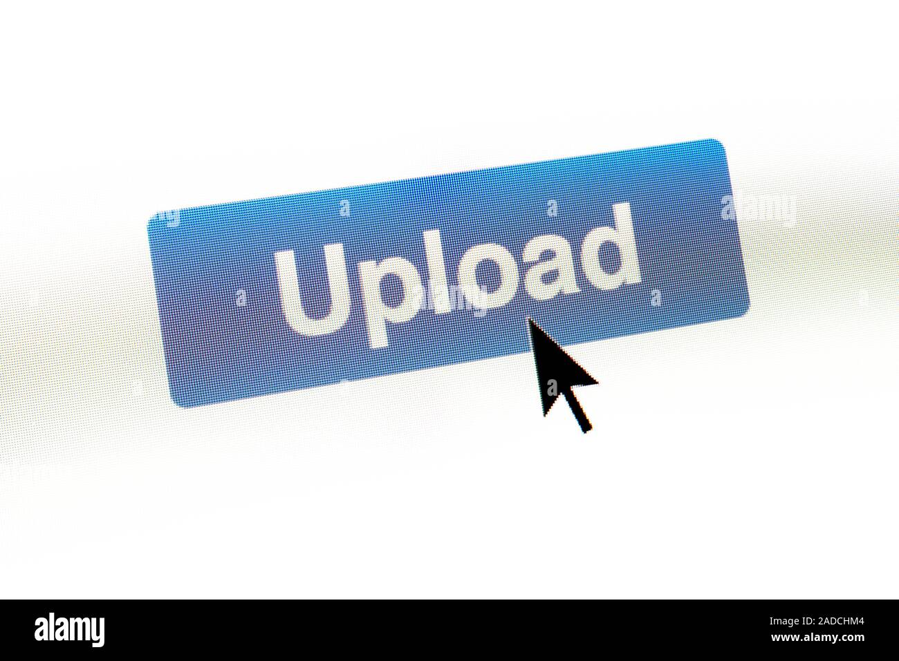 Internet upload. Cursor hovering over an 'Upload' button. Stock Photo