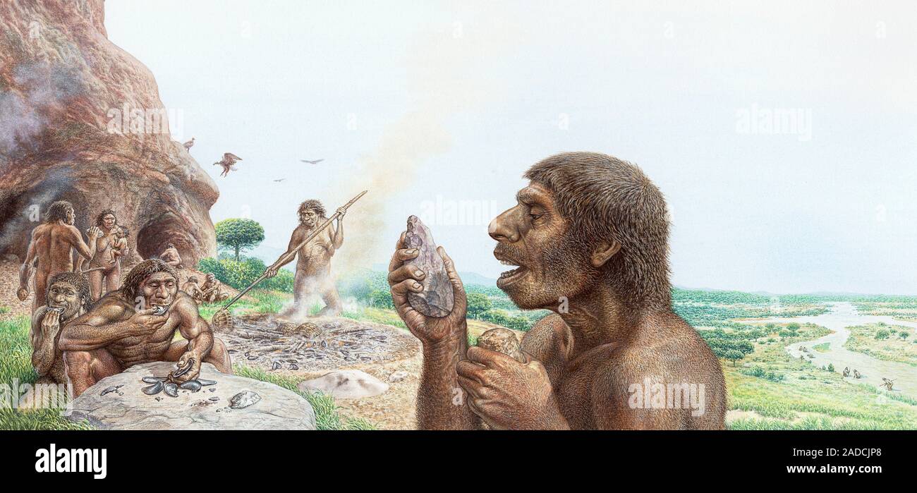 Neanderthals in Gibraltar. Illustration of a group of Neanderthals