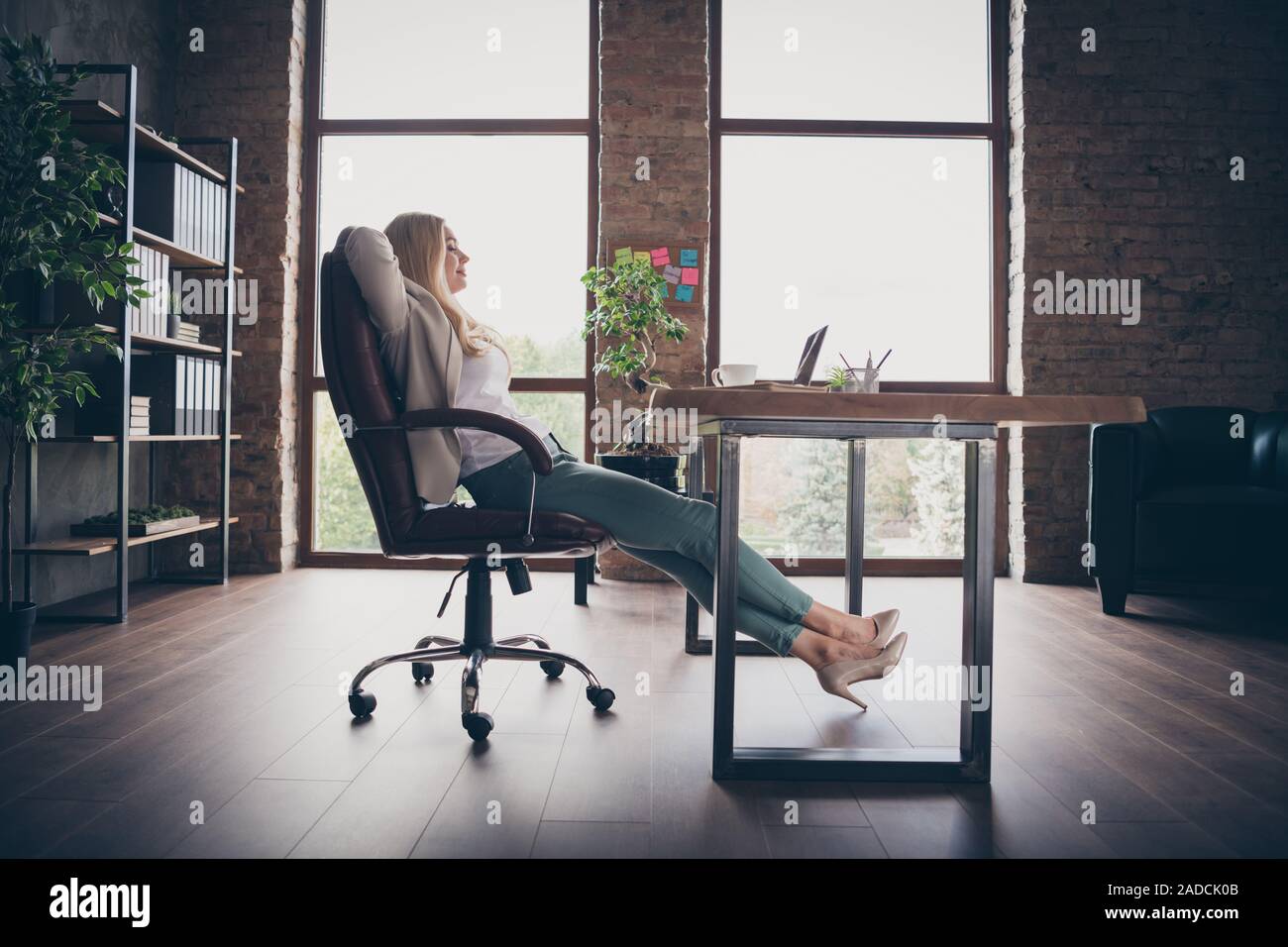 Full length body size photo of cheerful positive resting business woman ...