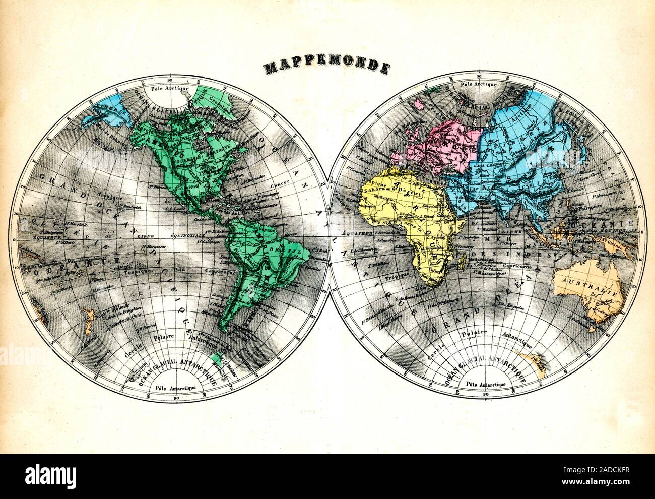 19th Century world map. 1886 illustration depicting the globe in the 19th Century, divided into