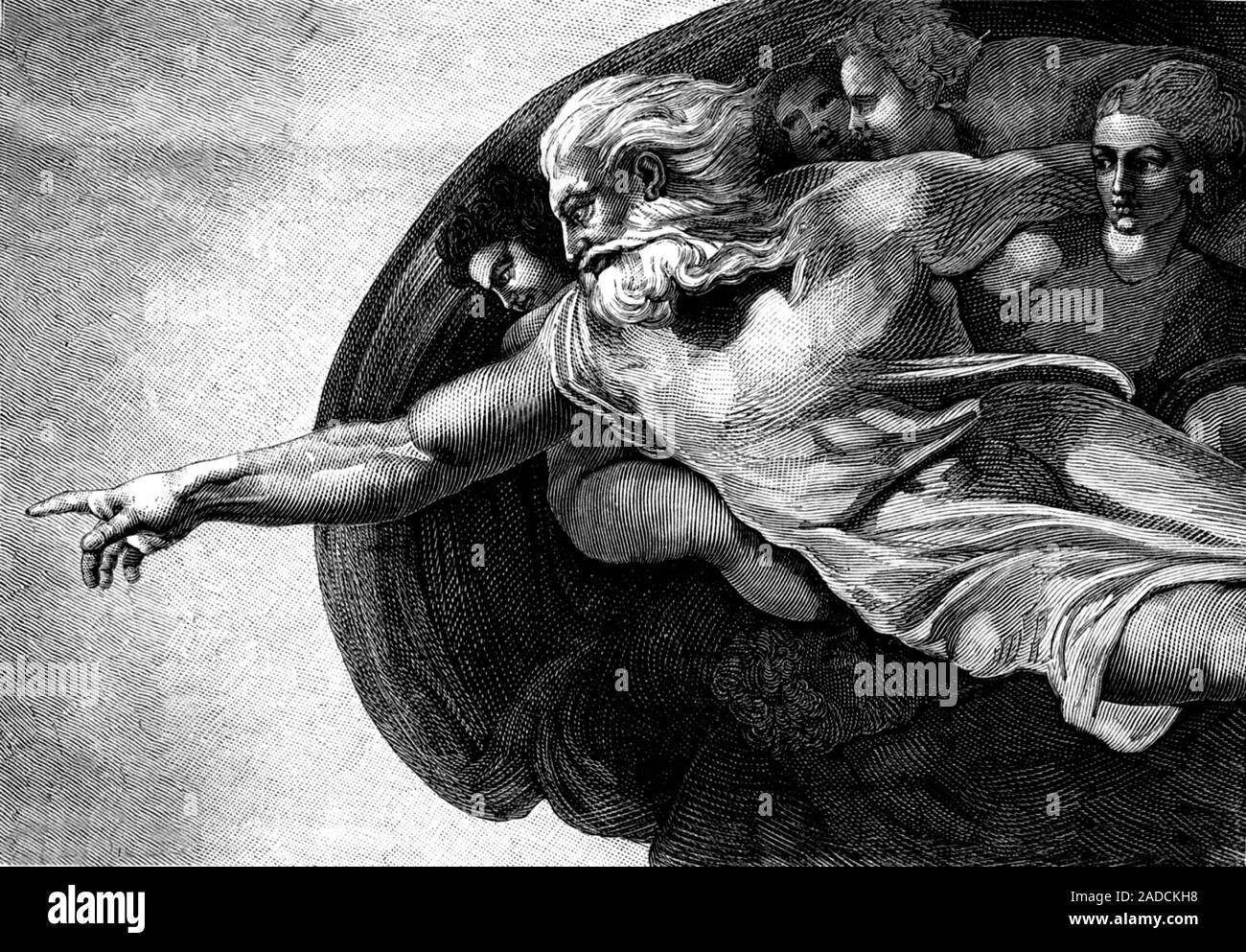Michelangelo's 'Creation of Adam'. 1864 illustration of God in the ...