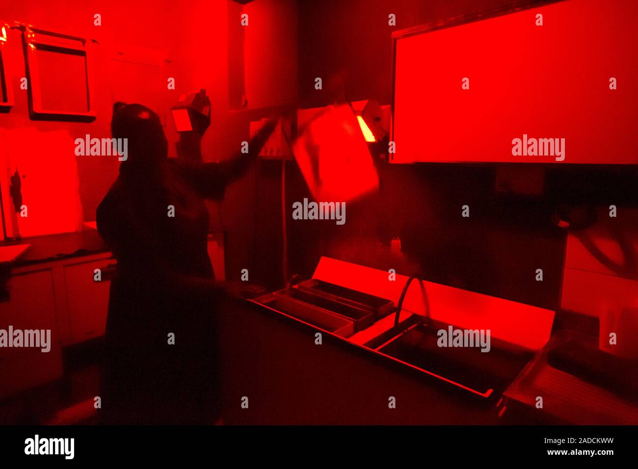 Xray development dark room. Red light illuminating a dark room being