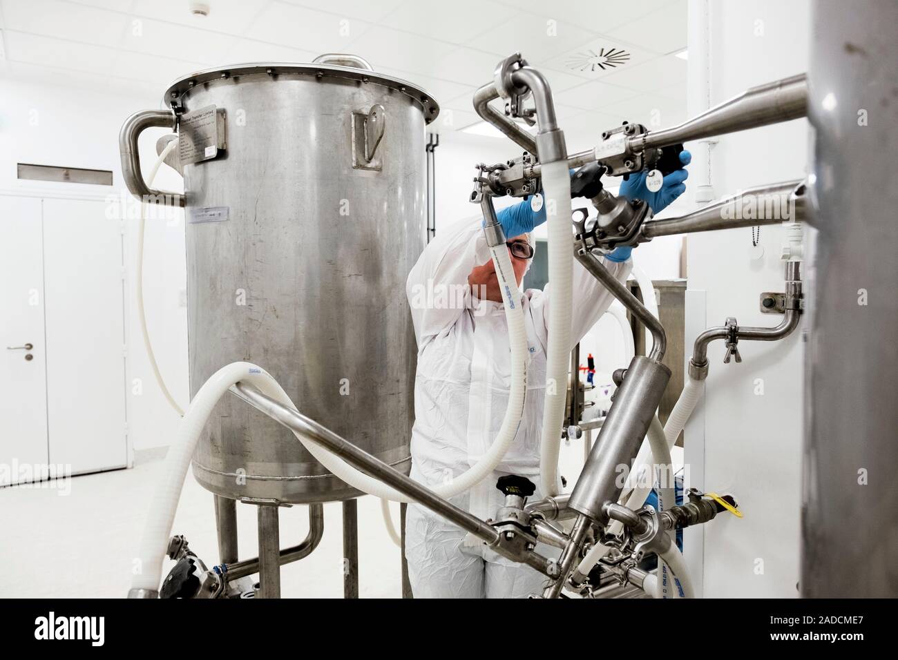 Medical collagen production. Worker in a clean room at a facility that