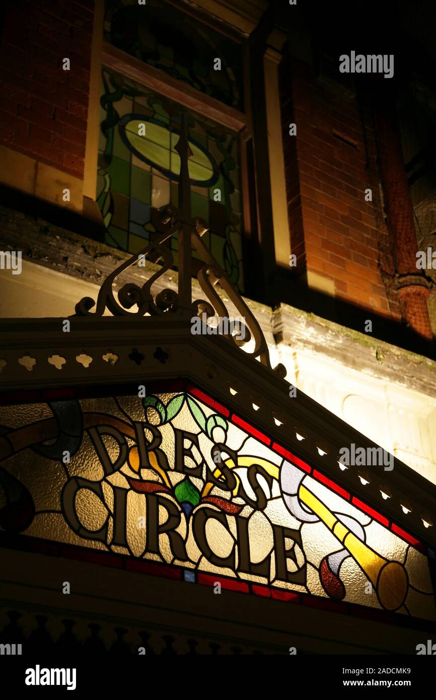 Stained glass "Dress Circle" sign on the Grand Theatre, Blackpool, UK