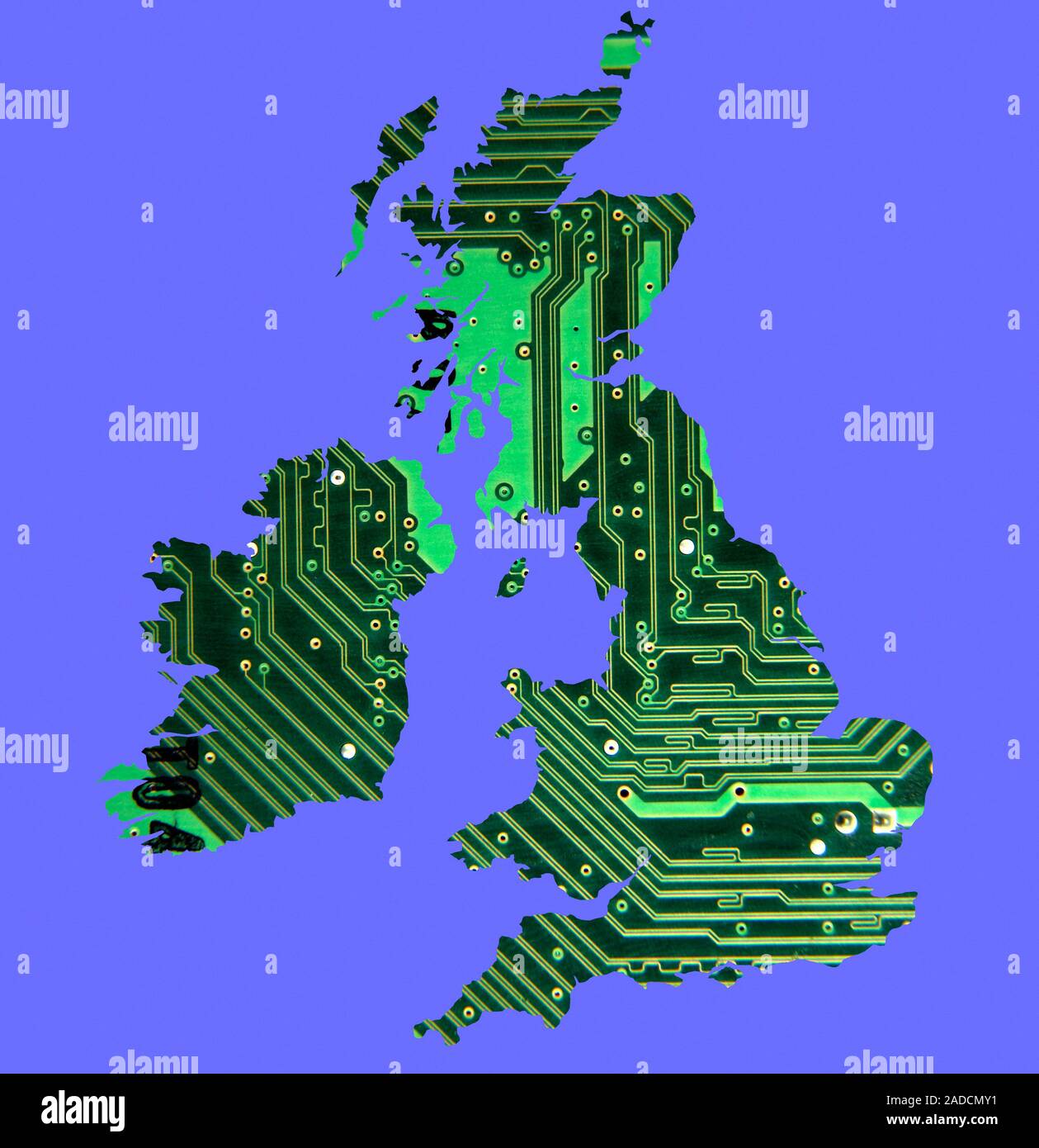 Circuit board British Isles. Conceptual illustration of a map of the UK