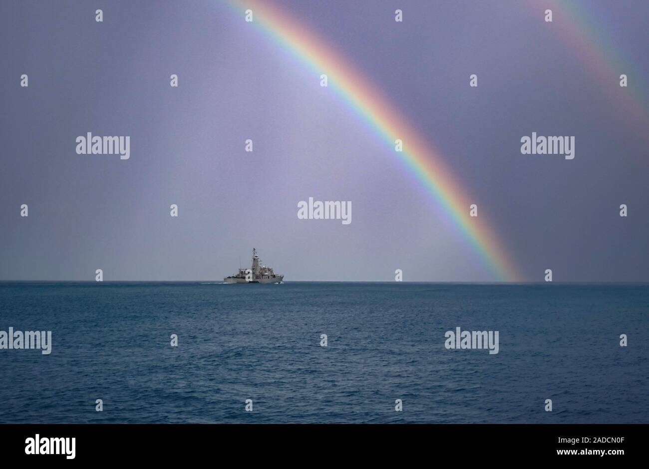 Greek Warship and double rainbow, Kos Town, Kos, Dodecanese, Greece, Aegean Sea, Mediterranean, Stock Photo