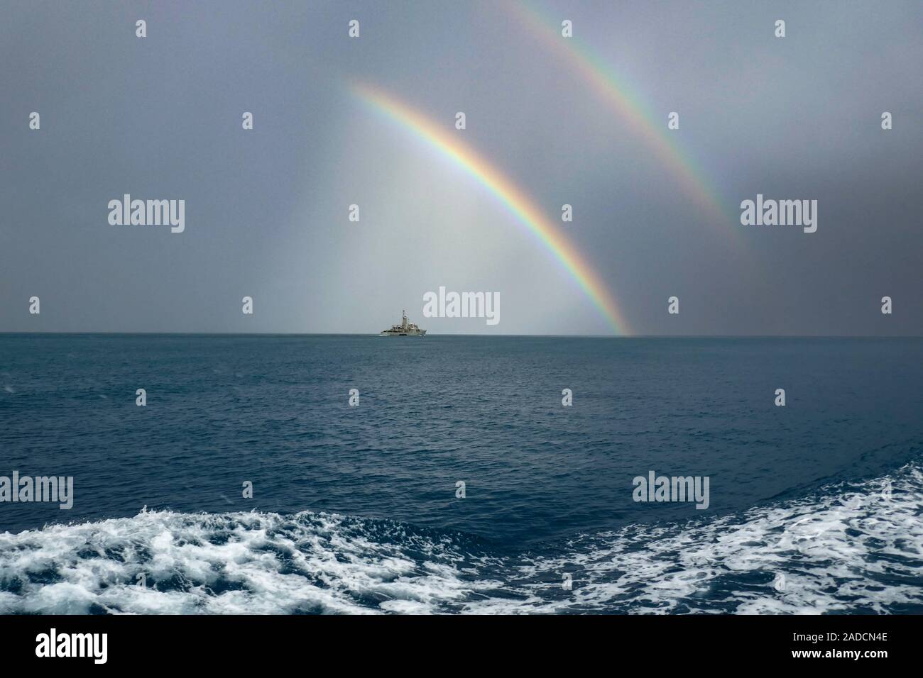 Greek Warship and double rainbow, Kos Town, Kos, Dodecanese, Greece, Aegean Sea, Mediterranean, Stock Photo