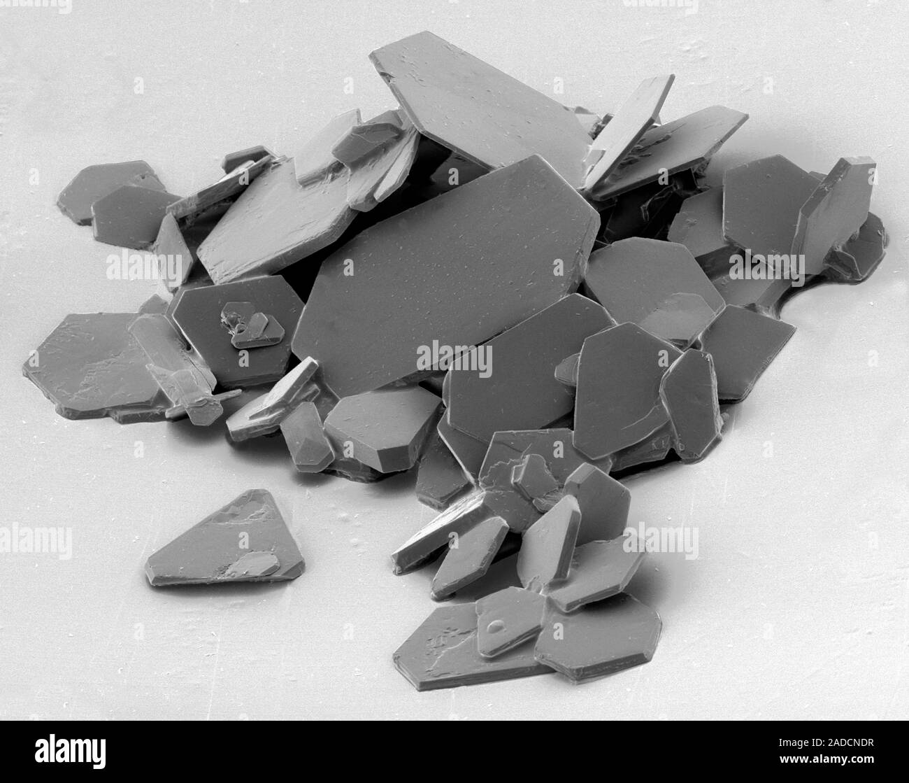 Aspirin crystals, scanning electron micrograph (SEM). Aspirin (acetylsalicylic acid) is a non