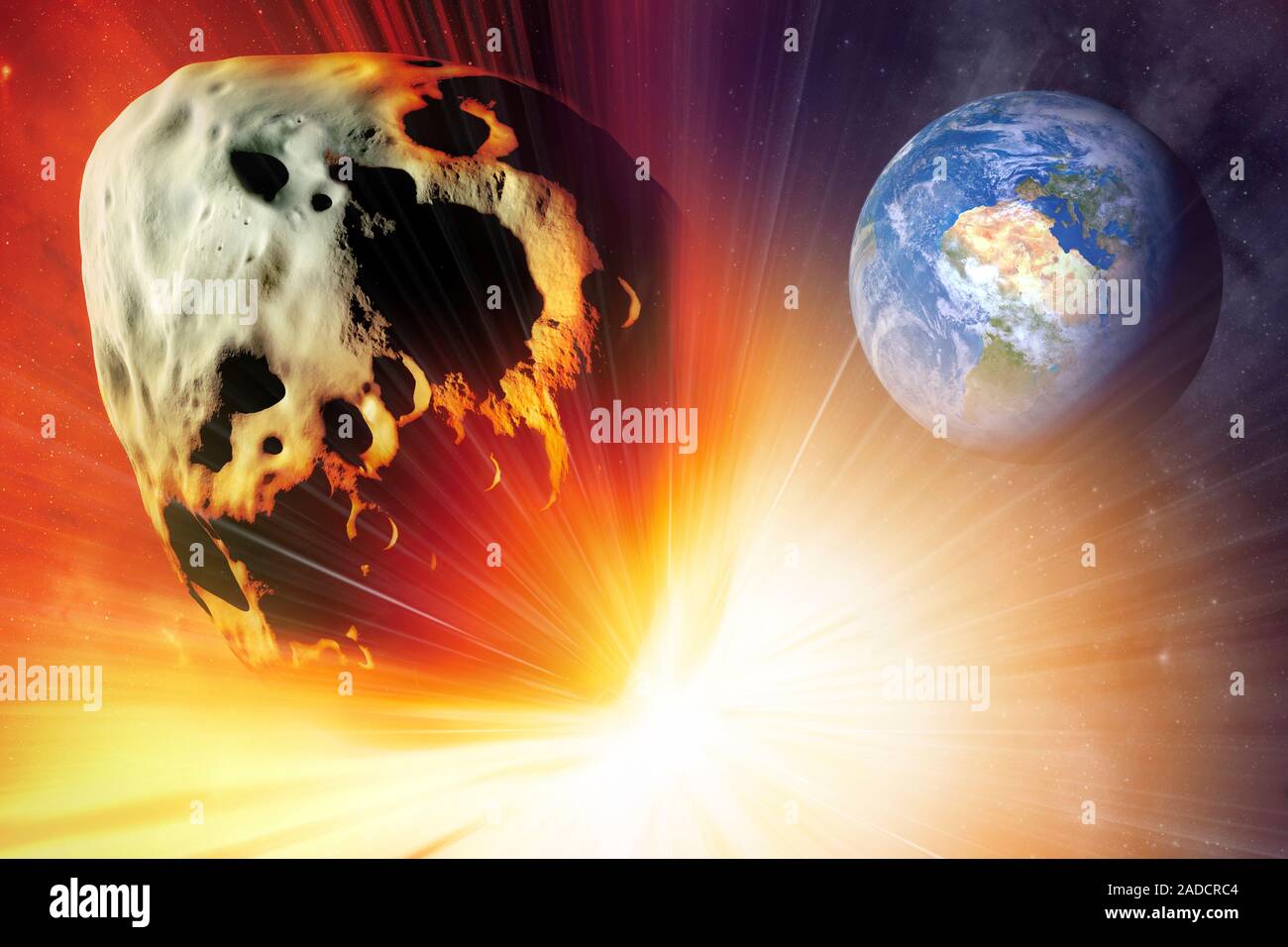 Asteroid deflection using nuclear explosion, illustration. This ...
