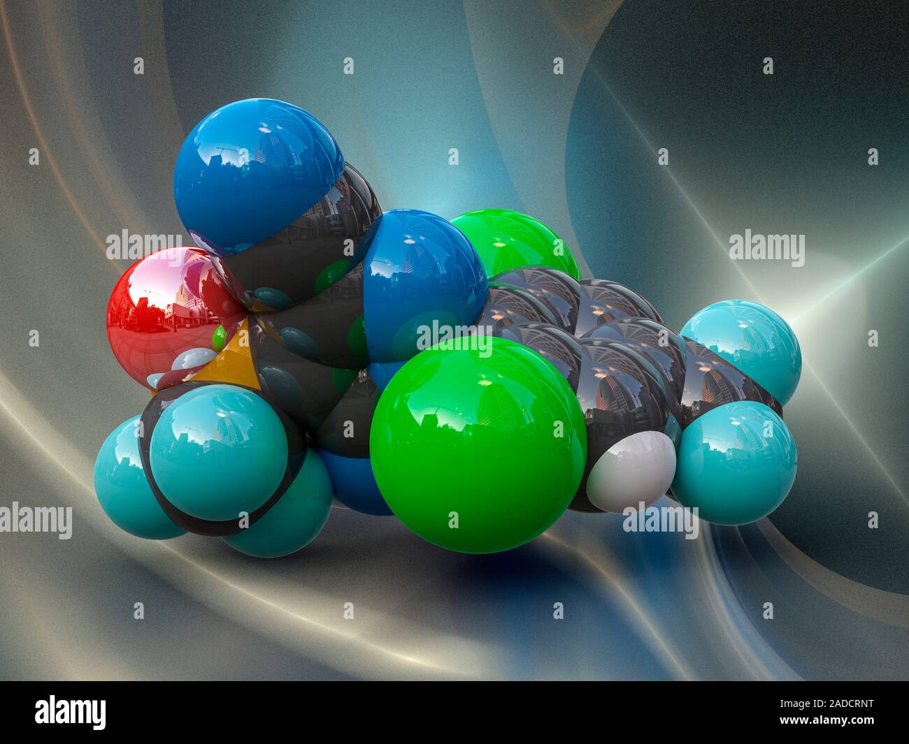 Fipronil insecticide molecular model. This is a broad-spectrum insecticide of the phenylpyrazole chemical family with the formula C12.H4.Cl2.F6.N4.OS. Stock Photo