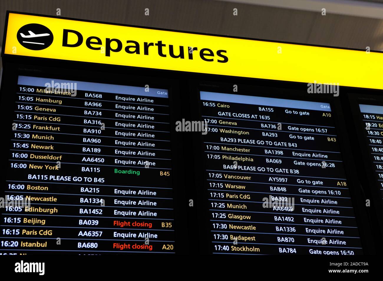 Airport departure board, Terminal 5 Heathrow Airport, London, UK Stock
