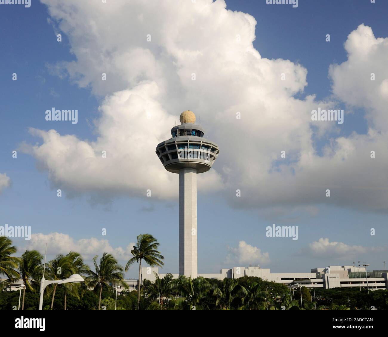 Singapore Changi Airport control tower and palm trees with clouds ...