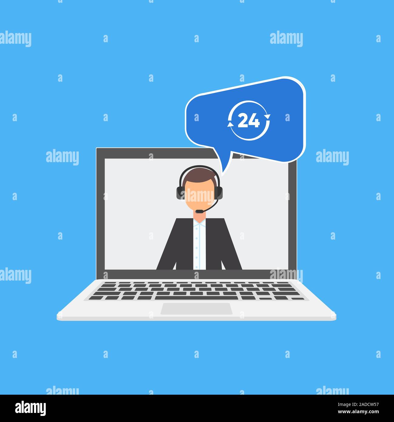 Call center support 24 7. Operator of call center. Customer service character. Client services and communication. Speech bubbles conceptual of client Stock Vector