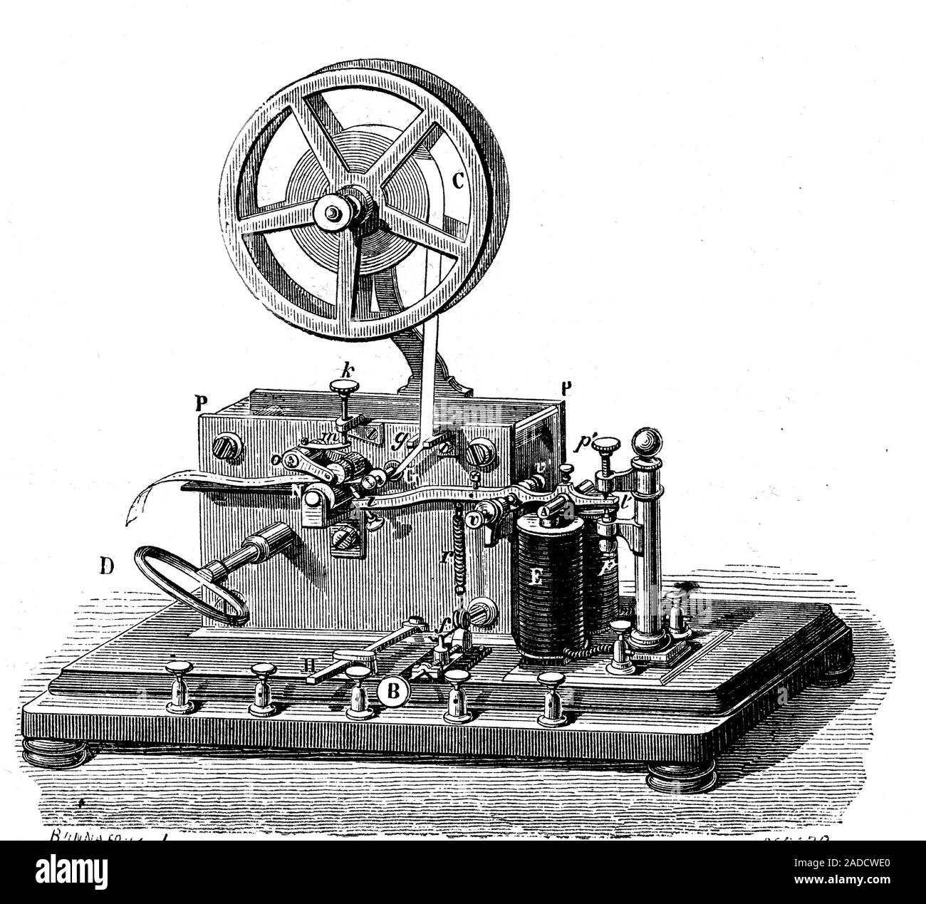 Early electric telegraph receiver. 1868 illustration of an early ...