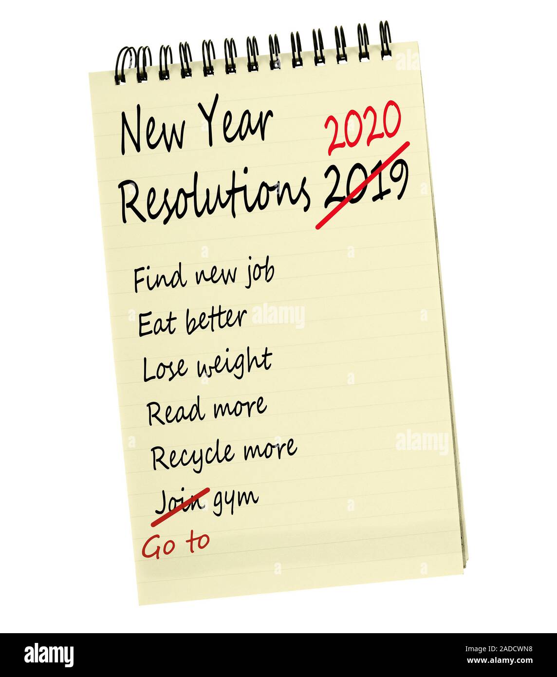 New year resolutions 2019 - same again. Notepad list isolated on white. Stock Photo