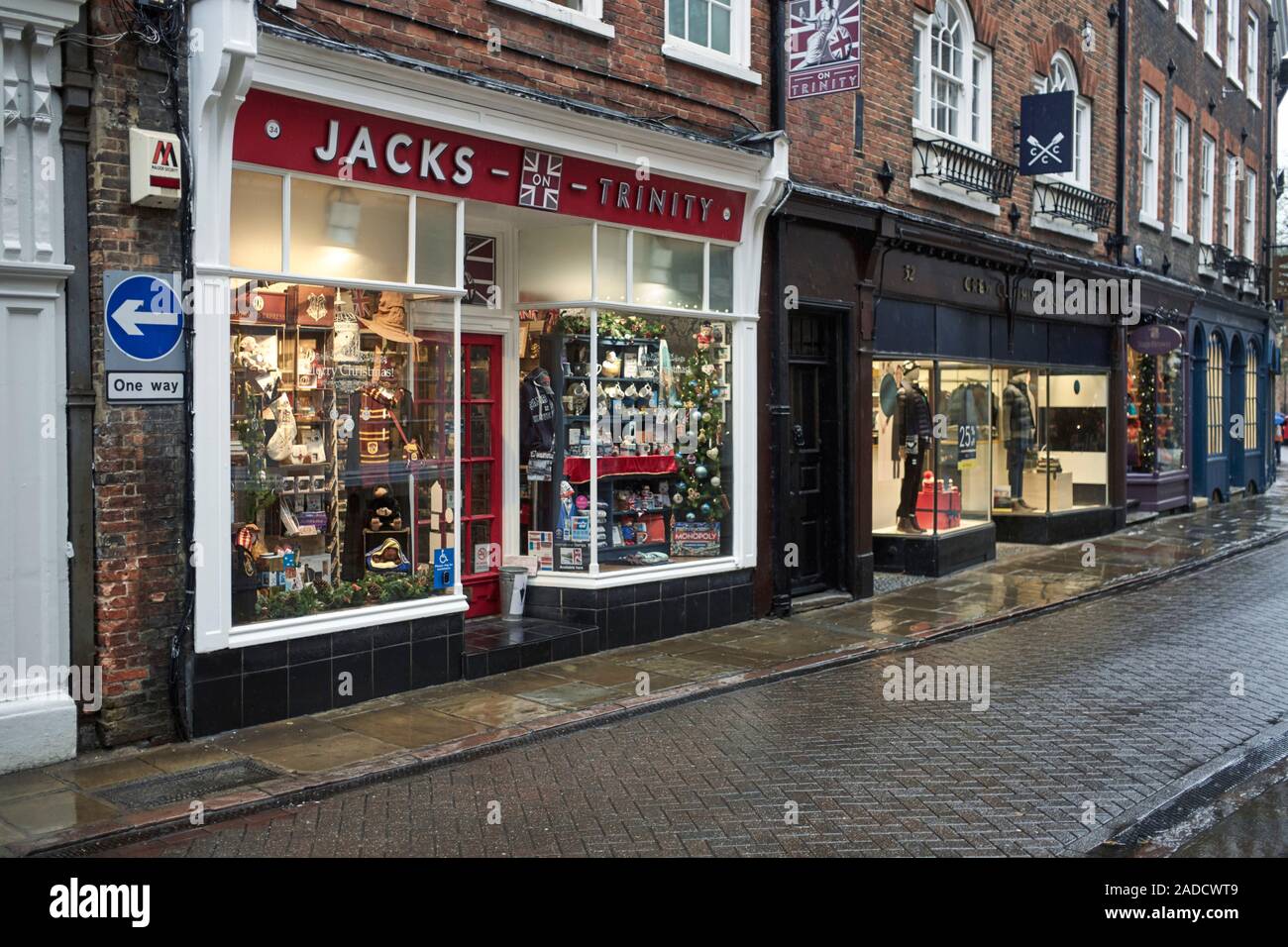Jacks shop on Trinity Street in a rainy Cambridge, UK Stock Photo
